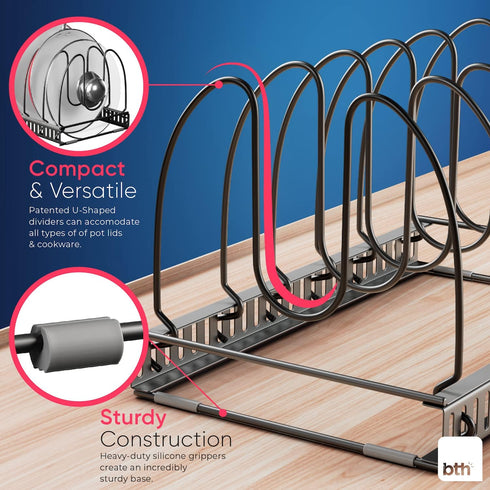 Compact Pan & Pot Lid Organizer Rack with 6 Adjustable Dividers | Steel Single Rack for Kitchen Cabinet, Drawer & Pantry – Deep U-Shaped Dividers,...
