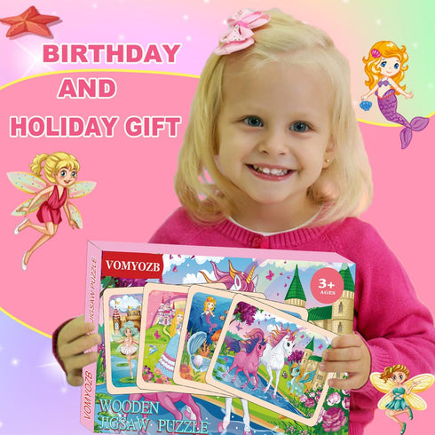 Wooden Puzzles for Kids Ages 4-6, 4 Packs 24 PCs Unicorn Mermaid Princess Fairy Jigsaw Puzzles, Preschool Educational Brain Teaser Toys for Girls ...