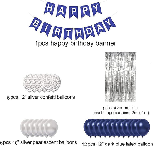 Blue Birthday Party Decorations, Happy Birthday Decorations for Men with Banner Blue Silver Confetti Latex Balloons and Foil Fringe Curtains for M...