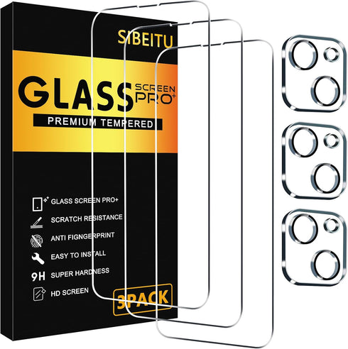 SIBEITU 3 Pack Screen Protector for iPhone 13 with 3 Pack Camera Lens Tempered Glass Protector, 6.1 Inch HD Clear Tempered Glass Film 9H Hardness ...