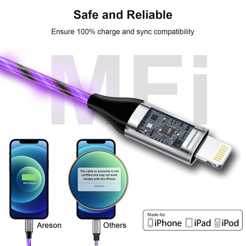Light up iPhone Charger Cord, LED Lightning Cables 1 Pack | Apple MFi Certified | USB Fast Charging Cord for Apple iPhone 13 12 11 Pro Max XR XS X...
