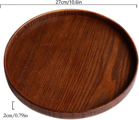 Solid Wood Serving Tray, Round Non-Slip Tea Coffee Snack Plate Food Meals Serving Tray with Raised Edges for Home Kitchen Restaurant (9.5inch, Bro...