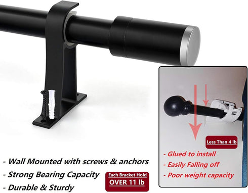 Gudui Curtain Rod Bracket 3 Pack, Heavy Duty Curtain Rod Holders Hooks for Wall Curtain Rod Hangers Supports for 1 inch Drapery Rod, Black...