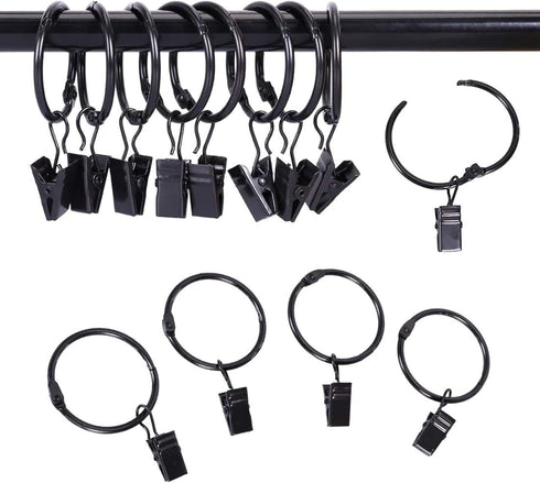 24 Pack 2 Inches Curtain Rings with Clips, Openable Drapery Metal Clip Iron Drapes Hangers Decorative for Windows Rods Rustproof, Black...