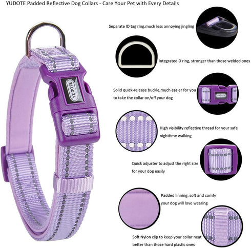 Reflective Nylon Padded Dog Collar Adjustable Soft Pet Collars with Quick Release Buckle for Small Medium Large Dogs (Lavender, 13-19 inch)...