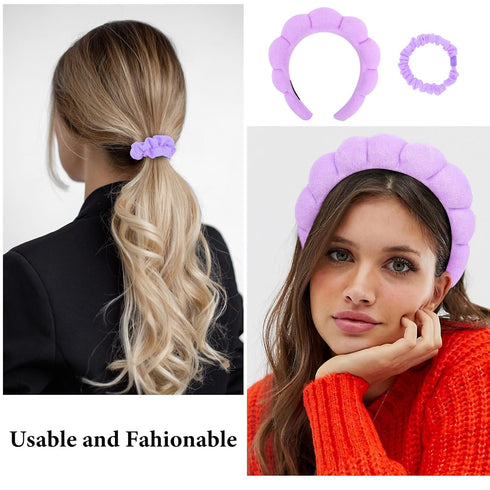 YISSION Purple Spa Headband & Wristband Set Skincare Headband & Wrist Bands for Washing Face Makeup Silk Hair Scrunchies Flower Hair Claw Clips Sp...