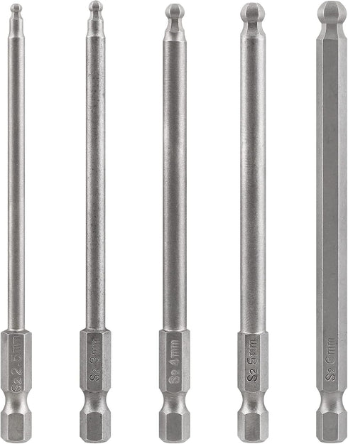 5Pcs Ball End Metric Hex Bit Set 100 mm/4 Inch Length S2 Steel Magnetic Ball End Hex Screwdriver Bit Set with 1/4 Inch Hex Shank, 2.5MM 3MM 4MM 5M...