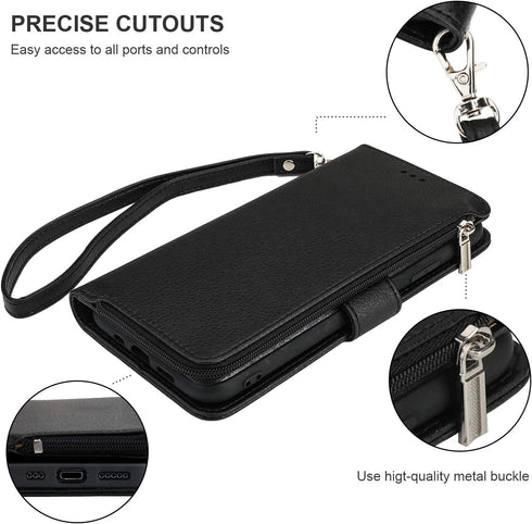 KIHUWEY Compatible with iPhone 12 Compatible with iPhone 12 Pro Wallet Case Leather Zipper with Card Holder and Wrist Strap,Kickstand and Protecti...