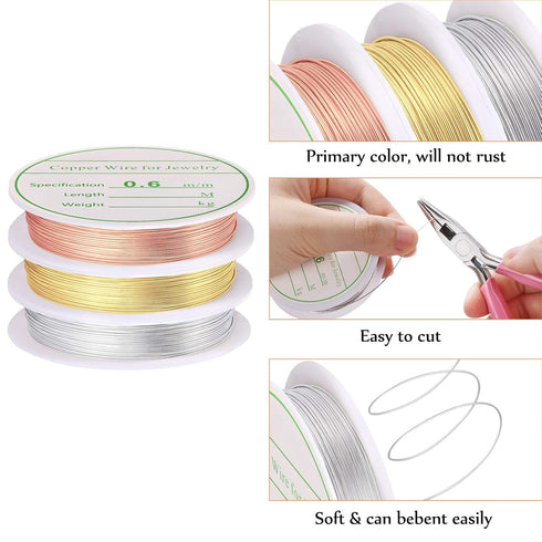 3 Pack Jewelry Wire Craft Wire 22 Gauge Tarnish Resistant Jewelry Beading Wire Copper Beading Wire for Jewelry Making Supplies and Crafting, 0.6mm...