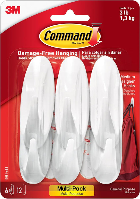 Command Medium Designer Hooks, Holdes up to 3 lb, 6 Wall Hooks with 12 Command Strips, White, Damage Free Hanging Hooks for Hanging Decorations in...