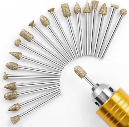 Diamond Grinding Burr Bit Set?20Pcs Rotary Tool Accessories Stone Carving Set with 1/8 inch Shank for Stone Ceramic Glass Carving, Grinding, Polis...