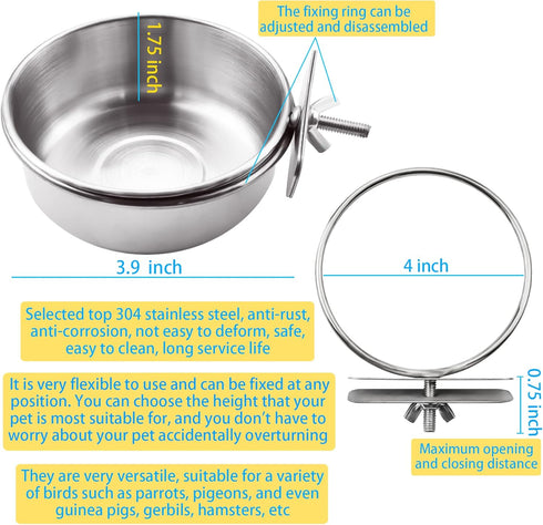 MotBach 3 Pieces Stainless Steel Bird Feeding Dish Cups, Bird Feeder Parrot Food Water Bowls with Clamp, Pet Cage Cups Holder for Bird Parrot Cock...