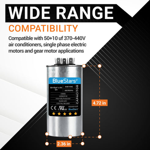 50+10 uf 370-440VAC ±5% Volts Round Run Start Capacitor Electric Replacement Part by BlueStars - Exact Fit for HVAC, Air Conditioners, Heat Pumps...