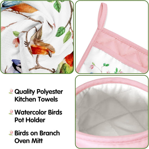 Vansolinne Birds Kitchen Dish Towels Pot Holder Oven Mitt with Loop Kit Spring Gifts for Bird Lovers Teacher Women Mom Birdies on Wire Cardinal Hu...