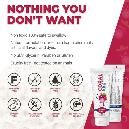 Coral White Kids Bubble Berry Fluoride Free Toothpaste - 4 Ounces (1 Pack)...