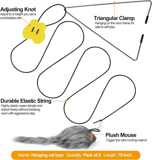 2PCS Interactive Cat Feather Toys, Retractable Mouse Teaser Toy, Home Alone Hanging Cat Toys for Bored Indoor Cats Kitten Play Chase Exercise, Kit...