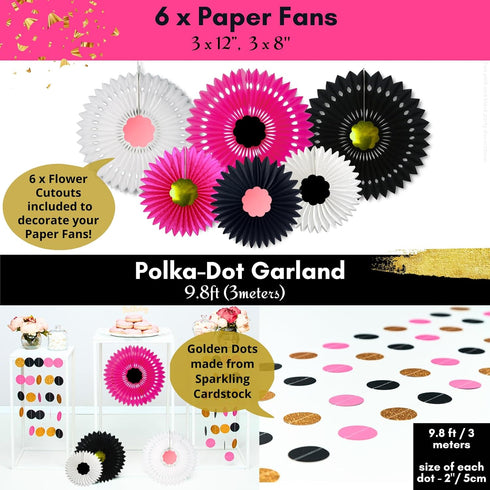Hot Pink and Black Birthday Decorations for Women, Hot Pink and Black Party Decorations - Happy Birthday Banner Garland, Paper Decor, Balloons, Ca...
