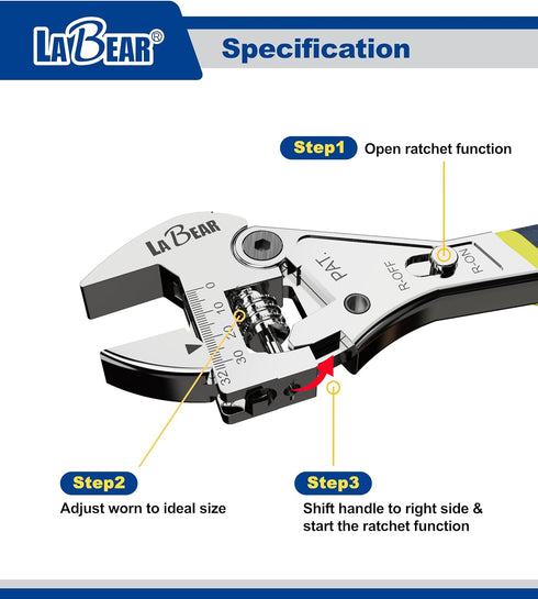 LABEAR- 8 Inch long x 1inch(25mm) Adjustable Ratchet Wrench...