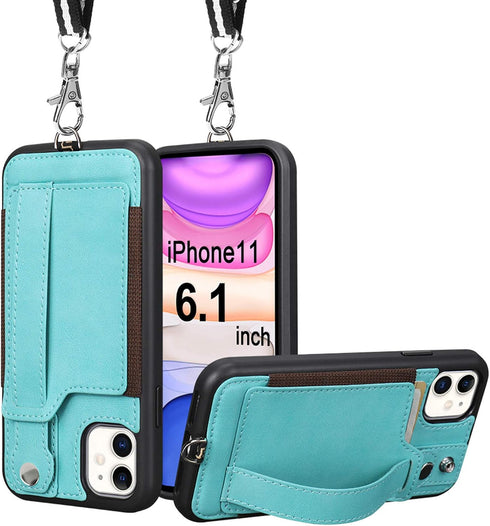 TOOVREN for iPhone 11 Wallet Lanyard Case Protective Cover with PU Leather Card Holder Adjustable Detachable Phone Lanyard Stand Strap for iPhone ...