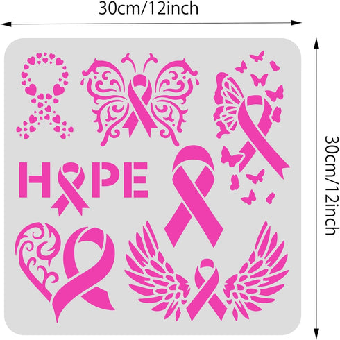 BENECREAT Ribbon Pattern Plastic Painting Stencils Templates, 12x12 inch Ribbons Wings Butterflies Heart Breast Cancer Prevention Theme Stencils f...