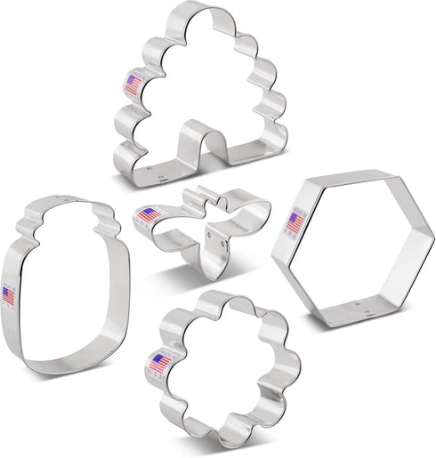 Bee Cookie Cutters 5-Pc. Set Made in the USA by Ann Clark, Bee, Beehive, Small Flower, Honeycomb, Honey Jar...