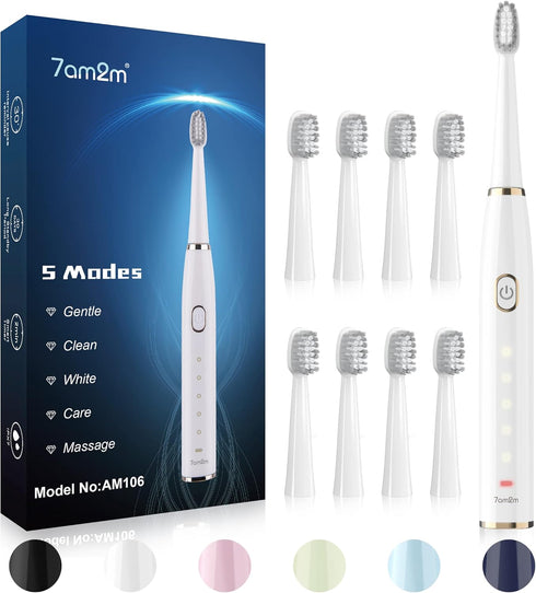 7AM2M Sonic Electric Toothbrush for Adults and Kids- High Power Rechargeable Toothbrushes with 8 Brush Heads,5 Adjustable Modes, Built-in 2-Minute...