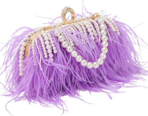 Feather Clutches Purses for Women Bag?Pearl Fluffy Evening Handbags for Wedding Anniversary Party...