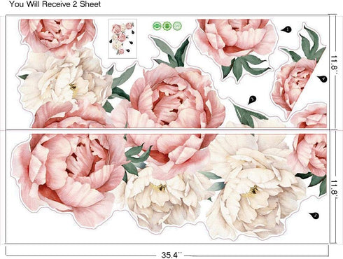 WINDVALE Pink Peony & Rose Floral Wall Stickers, Peel & Stick, Waterproof, Modern Style, 2 Sheets (11.8 x 35.4 inches each), Ideal for Bedroom, Li...