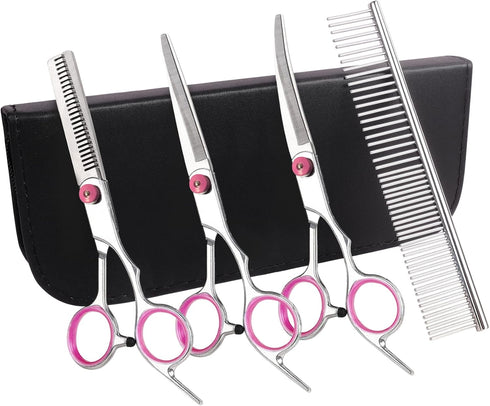 Premium Dog Grooming Scissors with Safety Round Tips, 5 in 1 Dog Grooming Scissors Kit, 4CR Stainless Steel Premium Pet Grooming Shears for Dog, S...