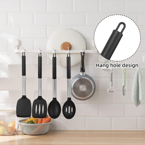 Pack of 2 Silicone Spatula Set - Non Stick Silicone Slotted Turner and Solid Turner - 600°F Heat Resistant Cooking Utensils (Black)...