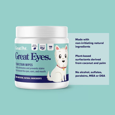 Great Eyes - Safe & Gentle Tear Stain Remover for Dogs - Natural Eye Wipes for Dogs - Made in The USA & Easy to Use Pre-Soaked Wipes - 100 Wipes...