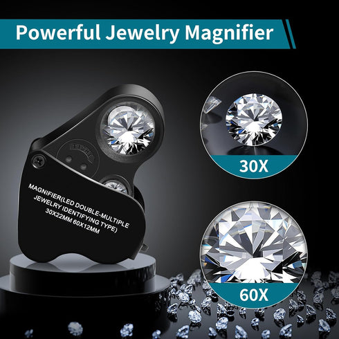 JARLINK 30X 60X Illuminated Jewelers Loupe Magnifier, Foldable Jewelry Magnifier with Bright LED Light for Gems, Jewelry, Coins, Stamps, etc...
