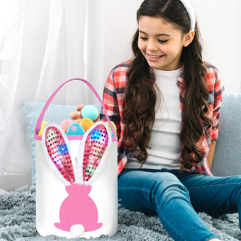 Easter Bunny Baskets with Lights for Baby Girls,Large Pink Kids Easter Bucket Tote with Light up Rabbit Ears for Spring Egg Hunts Party Storage...