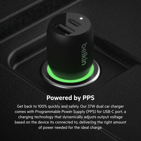 Belkin 37W Dual Port Fast Car Charger with 3.3ft USB-C Cable Included, USB-C 25W PPS Port and USB-A 12W Port for Galaxy S23, S23+, Ultra, Note20, ...