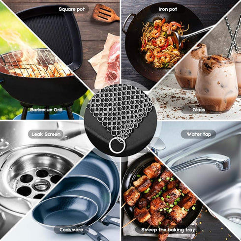 AMAGABELI GARDEN & HOME 8” x 8” 316 Stainless Steel Cast Iron Cleaner Chainmail Scrubber for Cast Iron Pan Skillet Cleaner for Dishes Glass Pre-Se...