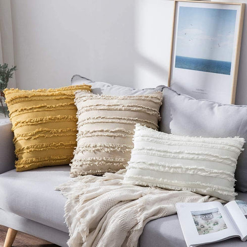MIULEE Set of 2 Decorative Boho Throw Pillow Covers Linen Striped Jacquard Pattern Cushion Covers for Sofa Couch Living Room Bedroom 12x20 Inch Be...