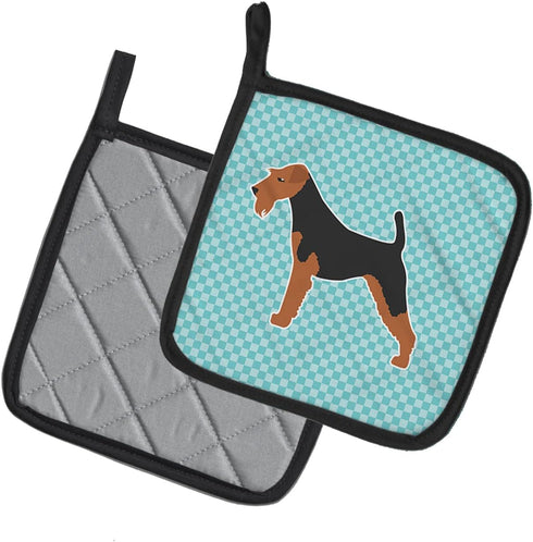 Caroline's Treasures BB3757PTHD Airedale Terrier Checkerboard Blue Pair of Pot Holders Kitchen Heat Resistant Pot Holders Sets Oven Hot Pads for C...