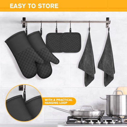 IXO 6Pcs Oven Mitts and Pot Holders, 500? Heat Resistant Oven Mitts with Kitchen Towels Soft Cotton Lining and Non-Slip Silicone Surface Safe for ...