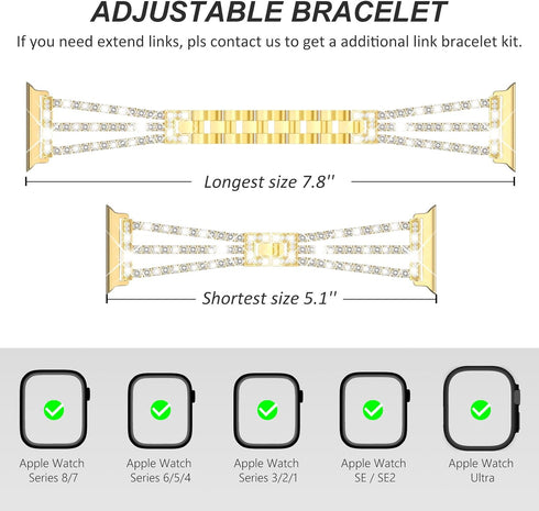 Surace Gold Apple Watch Bands 45mm for Women Series 9 8 7, Bling Diamond Rhinestone Link Bracelet with 2 in 1 Waterproof Bling Case Lace Edge Diam...