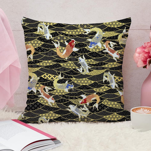 Japanese Fabric,Asian Fabric Squares 6 PCS,6 Different Black Japanese Wrapping Cloth Fish Floral Red Crowned Crane Patterned Fabric Bundles 19.6 x...