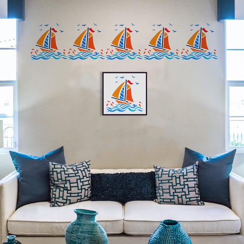 FINGERINSPIRE Nautical Sailboat Stencil for Painting 11.8x11.8 inch Hollow Out Seagulls Sea Fish Craft Stencil Reusable Sea Water Wave Stencil Boa...