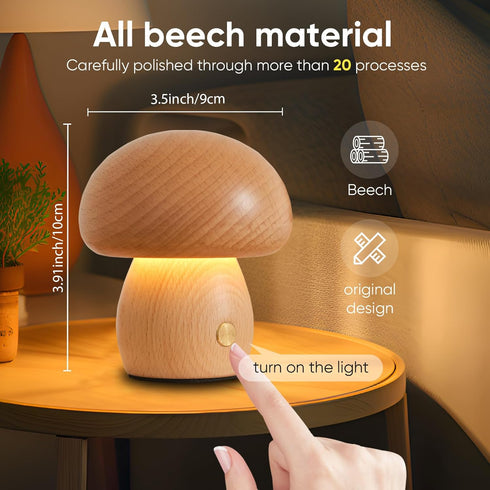 Wooden Mushroom Lamp, Portable Cordless Small Lamp, Rechargeable Battery Operated Lamp,Stepless Dimming, Night Light for Birthday Gifts...
