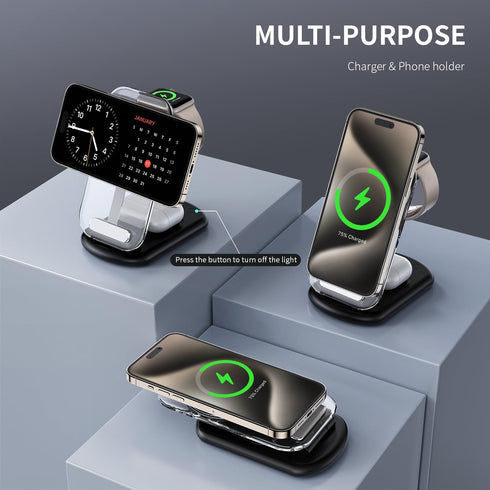 3 in 1 Magnetic Wireless Chargers for iPhone Devices,Fast Foldable Mag-Safe Charger Stand with Night Light for iPhone 15/14/13/12 Series,iWatch Ul...