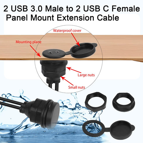 QIANRENON Dual USB C to USB 3.0 Threaded Flush Mount Waterproof Cable Adapter, 2 USB 3.0 Male to 2 USB C Female Panel Mount Extension Cable, for C...