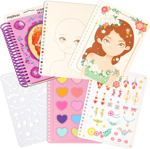 4 in 1 DIY Fashion Design Make Up Drawing Book for Girls Cute Stencils Stickers Scrapbooking Painting Art Activity Book for DIY Crafts Album Bulle...