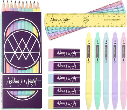 Ashton and Wright - Classic HB Pencils, 15cm Rulers, Erasers, Z-Grip Smooth - Pastel Set of 25...