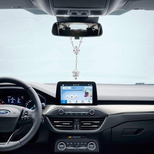 White Pearl Rosary for Car,Pardon Crucifix One Decade Rosary,Medalla Milagrosa Small Car Rosary for Rearview Mirror,Pocket Rosary Crucifijo Cruz D...