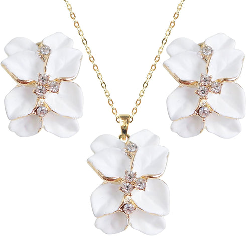 Navachi 18k Gold Plated White Crystal Multicolor Enamel Clip-on Stud Earrings And Neckalce Pendant Jewelry set...