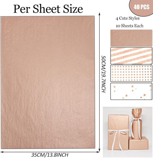 LIAPAWPAW Wrapping Tissue, 40 Sheets Metallic Rose Gold Gift Tissue Paper for Gift Bags & Packaging, Cute Star Polka Dot Striped Art Tissue for Bi...
