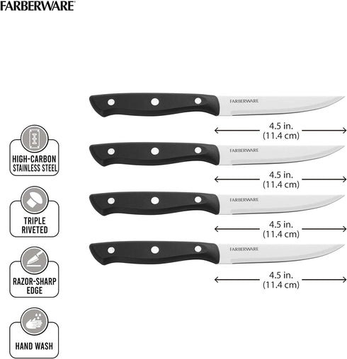 Farberware Triple-Riveted 4-Piece Steak Knife Set, High-Carbon Stainless Steel, Razor-Sharp Knives, Kitchen Knives, Set of 4, Black...